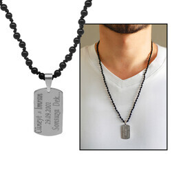 Men's Natural Onyx Stone Necklace With Braided Steel Plate Macrame With Personal Name / Message - Thumbnail