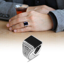 Mens Onyx Stone 925 Sterling Silver Ring With Minimal Design