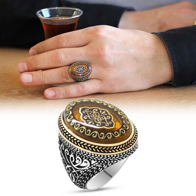 Men's Ring İn 925 Sterling Silver Engraved Yellow Amber And Seljuk Pattern