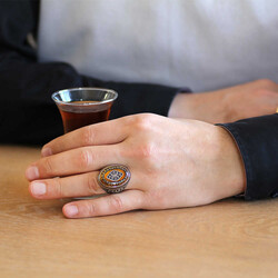 Men's Ring İn 925 Sterling Silver Engraved Yellow Amber And Seljuk Pattern - Thumbnail