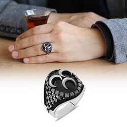 Men's Ring İn 925 Sterling Silver With 3 Patterns İn The Form Of A Crescent Moon On Black Zirconia - Thumbnail