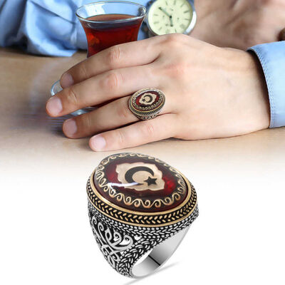Men's Ring İn 925 Sterling Silver With Ayyildiz Engraving İn Red Amber With The Letter V - Thumbnail