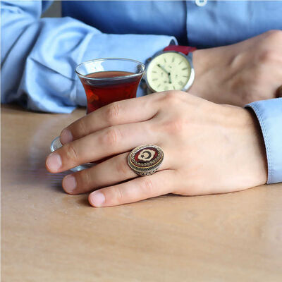 Men's Ring İn 925 Sterling Silver With Ayyildiz Engraving İn Red Amber With The Letter V - Thumbnail