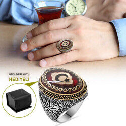 Men's Ring İn 925 Sterling Silver With Ayyildiz Engraving İn Red Amber With The Letter V