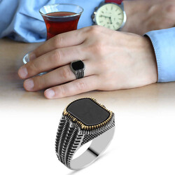 Men's Ring İn 925 Sterling Silver With Black Onyx And Step Motif - Thumbnail