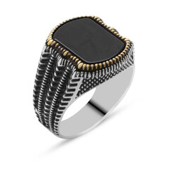 Men's Ring İn 925 Sterling Silver With Black Onyx And Step Motif - Thumbnail