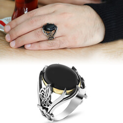 Men's Ring İn 925 Sterling Silver With Black Onyx, Embroidered Tugra And A Sword - 1