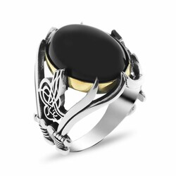 Men's Ring İn 925 Sterling Silver With Black Onyx, Embroidered Tugra And A Sword - 3