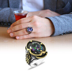 Men's Ring İn 925 Sterling Silver With Mystical Topaz And Zirconia