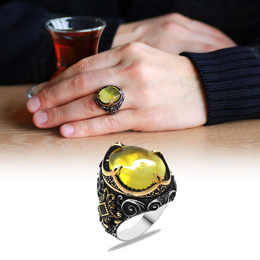 Men's Ring İn 925 Sterling Silver With Natural Amber Stone And Zirconia