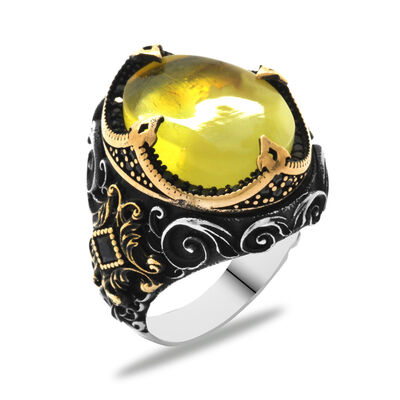Men's Ring İn 925 Sterling Silver With Natural Amber Stone And Zirconia - Thumbnail