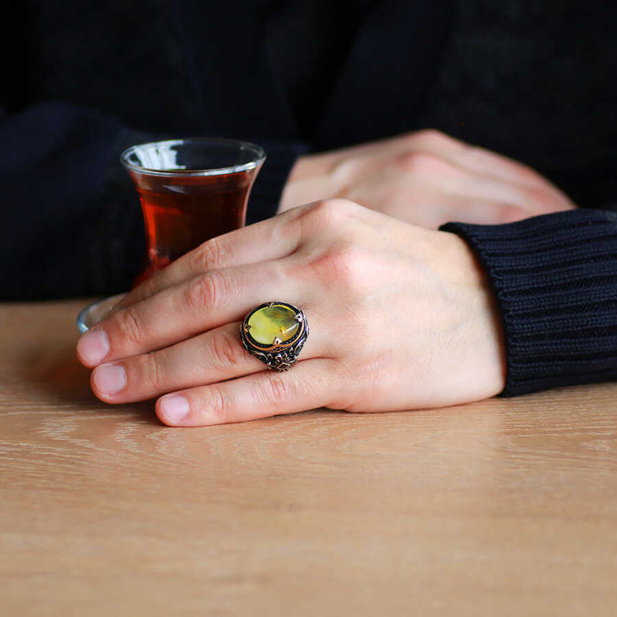 Men's Ring İn 925 Sterling Silver With Natural Amber Stone And Zirconia