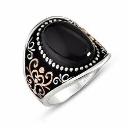 Men's Ring With Black Oval Onyx And Stone İn 925 Sterling Silver With Motif