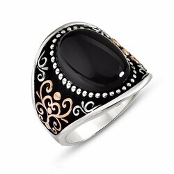 Men's Ring With Black Oval Onyx And Stone İn 925 Sterling Silver With Motif - Thumbnail