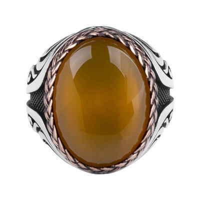 Men's Ring With Yellow Amber Stone And Yellow Amber Stone With Straw Knot Pattern - 2