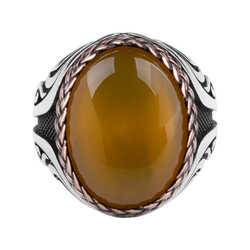 Men's Ring With Yellow Amber Stone And Yellow Amber Stone With Straw Knot Pattern - Thumbnail