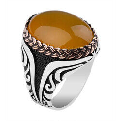 Men's Ring With Yellow Amber Stone And Yellow Amber Stone With Straw Knot Pattern