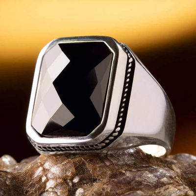 Men's Ring With Zircon And Black Stone - 1