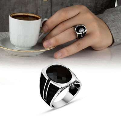 Men's Silver Ring With A Small Black Stone With A Special Design - 2