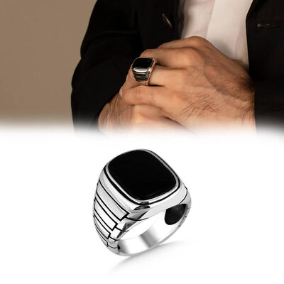 Men's Sterling Silver Black Onyx Rectangular Edge Ring - 1