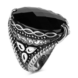 Men's Sterling Silver Black Zirconia Trillium Motif Ring - 1