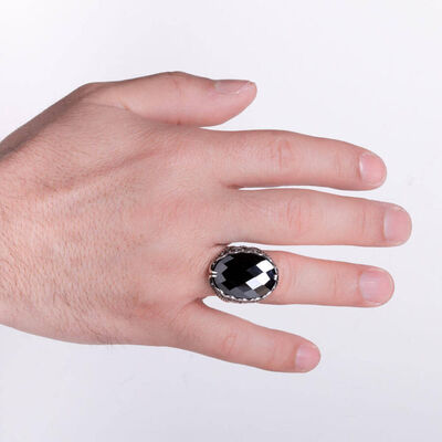 Men's Sterling Silver Black Zirconia Trillium Motif Ring - 4