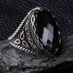 Men's Sterling Silver Black Zirconia Trillium Motif Ring - 5