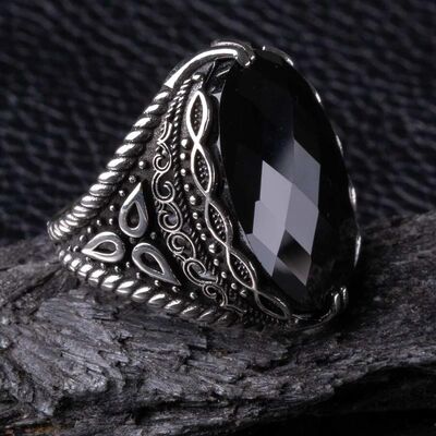 Men's Sterling Silver Black Zirconia Trillium Motif Ring - 5
