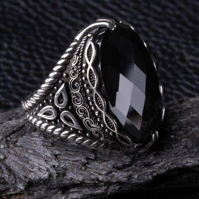 Men's Sterling Silver Black Zirconia Trillium Motif Ring - 5