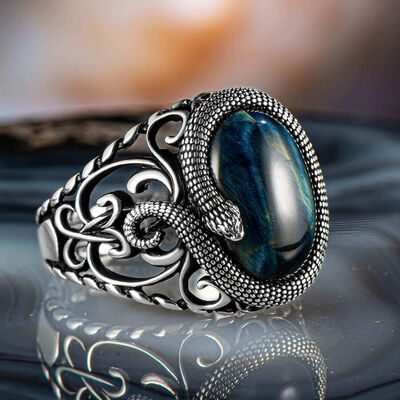 Men's Sterling Silver Blue Tiger Eye Blue Tiger Stone Snake Pattern Ring - 2