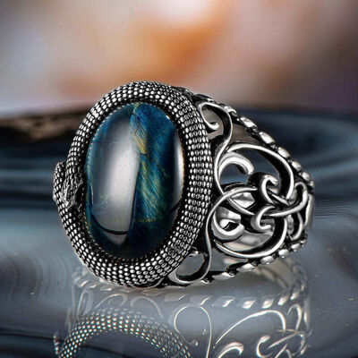 Men's Sterling Silver Blue Tiger Eye Blue Tiger Stone Snake Pattern Ring