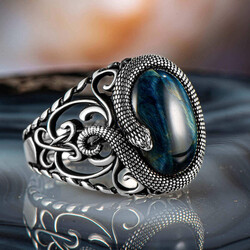 Men's Sterling Silver Blue Tiger Eye Blue Tiger Stone Snake Pattern Ring - Thumbnail