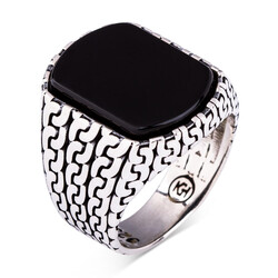 Men's Sterling Silver Ring With Black Zirconia And Black Zirconia With A Tulip Pattern - 1