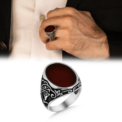 Mens Sterling Silver Ring With Red Agate And Burgundy Tulip Pattern - 1