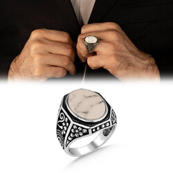 Men's Sterling Silver Ring With White Turquoise Stone And Floral Pattern - 1