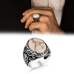 Men's Sterling Silver Ring With White Turquoise Stone And Linear Pattern - 1
