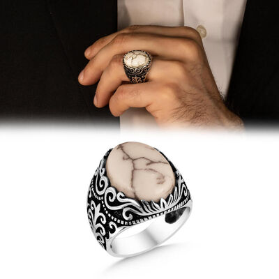 Men's Sterling Silver Ring With White Turquoise Stone And Linear Pattern - 1