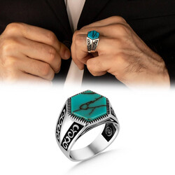 Men's Sterling Silver Turquoise And Turquoise Diagonal Design Ring - 1