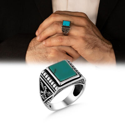 Men's Sterling Silver Turquoise And Turquoise Eagle Motif Ring - 1