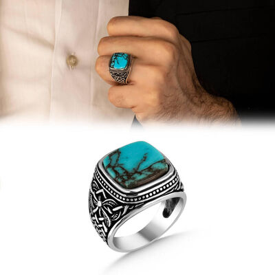 Men's Sterling Silver Turquoise Polka Dot Embroidery Ring - 1