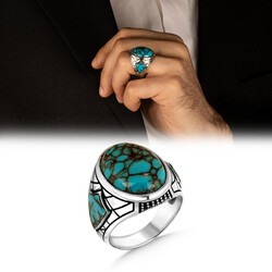 Men's Sterling Silver Turquoise Ring With Shield Motif - 1