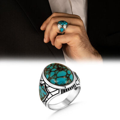 Men's Sterling Silver Turquoise Ring With Shield Motif - 1