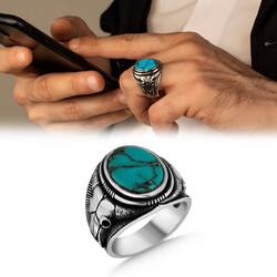 Men's Sterling Silver Turquoise Sculpted Ram Skull Ring - 1