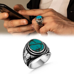 Men's Sterling Silver Turquoise Sculpted Ram Skull Ring - 2