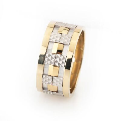 Modern Damalı Tasarım Gri-Gold Renk 925 Ayar Gümüş Erkek Alyans - 1