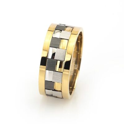 Modern Kare Tasarım Gri-Gold Renk 925 Ayar Gümüş Erkek Alyans - 1