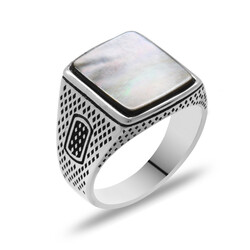 Mother Of Pearl Stone Window Detailed 925 Sterling Silver Mens Ring - Thumbnail