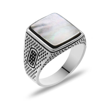 Mother Of Pearl Stone Window Detailed 925 Sterling Silver Mens Ring