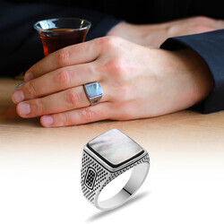 Mother Of Pearl Stone Window Detailed 925 Sterling Silver Mens Ring - Thumbnail