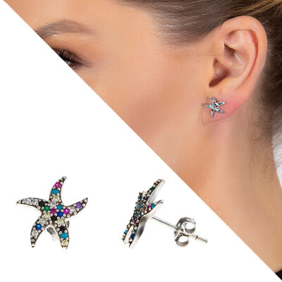 Multicolor Zirkon Taşlı Deniz Yıldızı Tasarım 925 Ayar Gümüş Kadın Küpe - 1